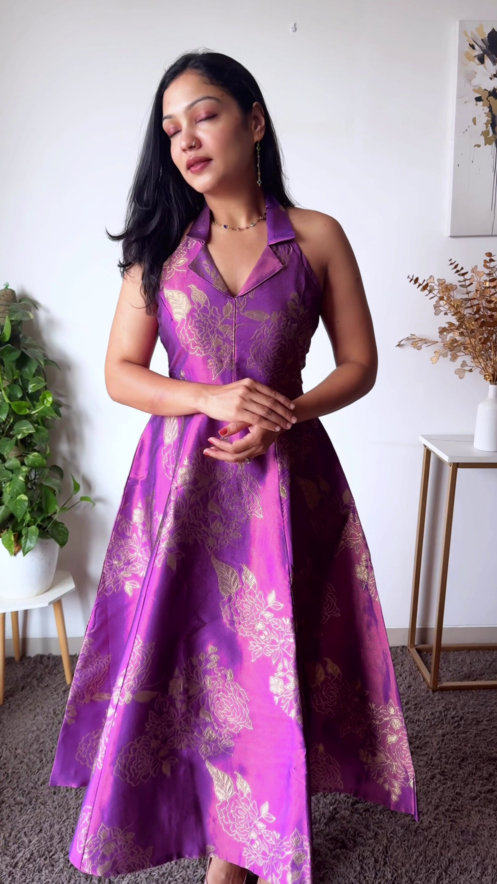 Royal Purple Jacquard Flared Dress